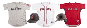 Victor Martinez Boston Red Sox Game Worn Collection (3) Jerseys (Home, Road, Batting Practice), Cap and Batting Helmet